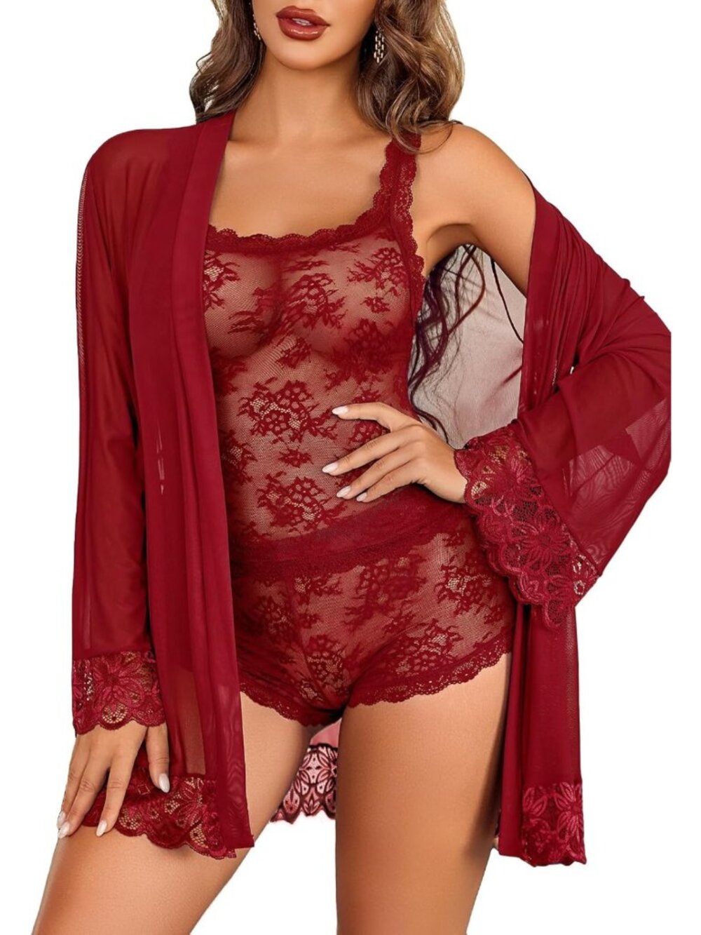Lace Cami & Short Set with Robe | 3 Piece Mesh Lingerie Sleepwear Set